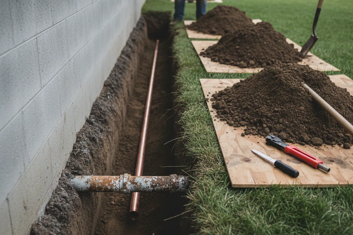 Excavated water line trench during Sewer Line Repair in Lock Haven